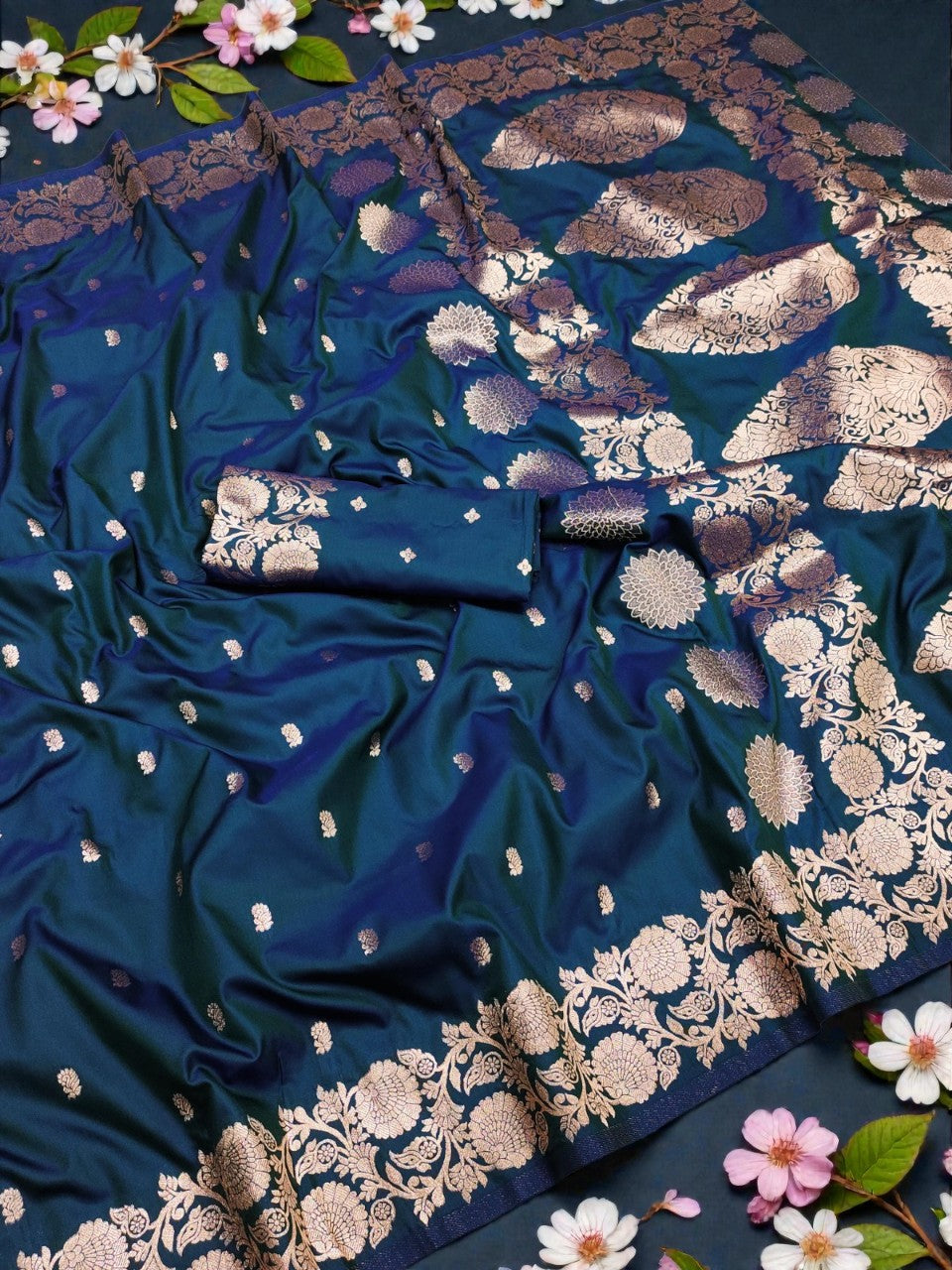 Festive Wear Teal Saree with Rich Floral Border Design