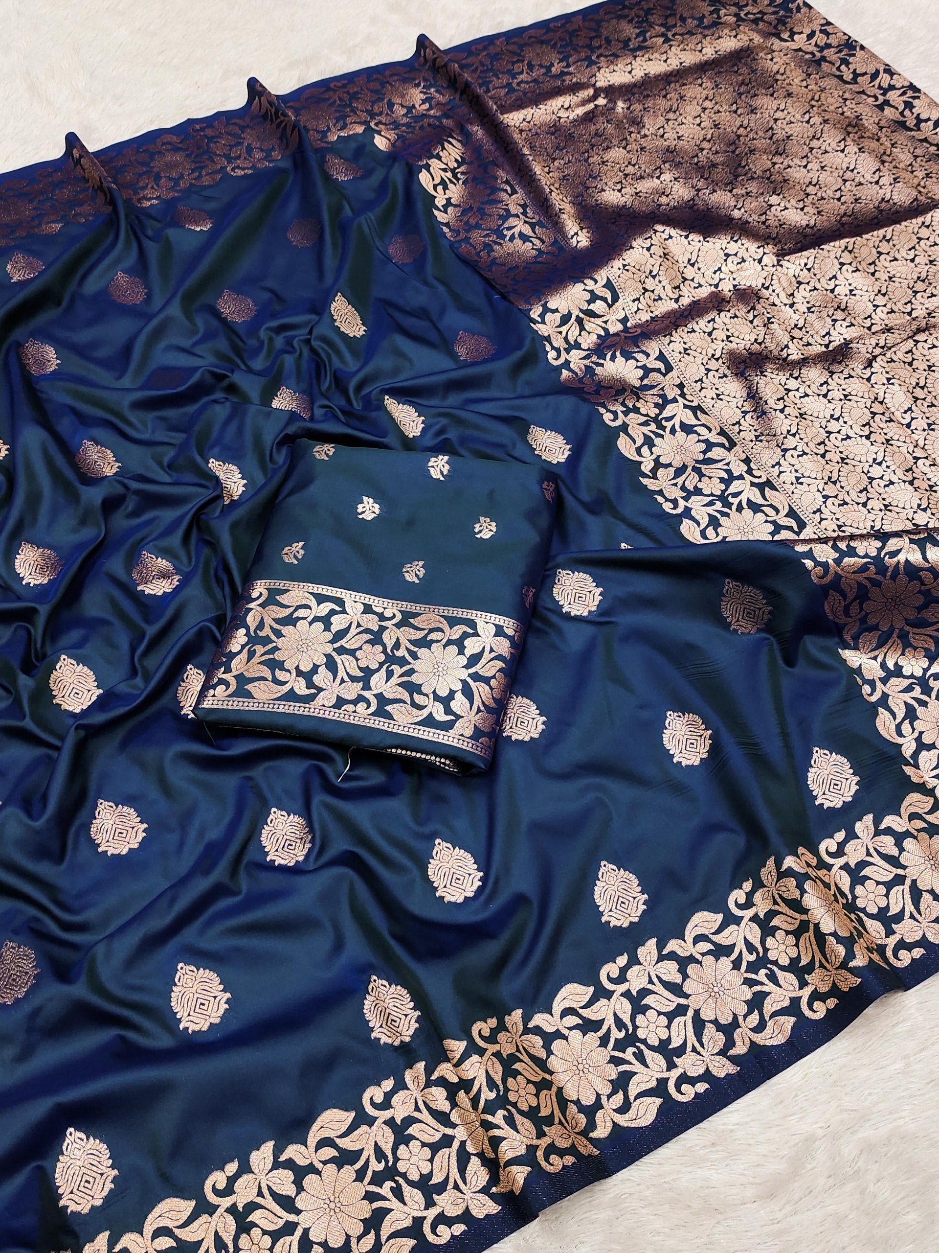 Traditional Navy Blue Silk Saree with Rich Floral Border