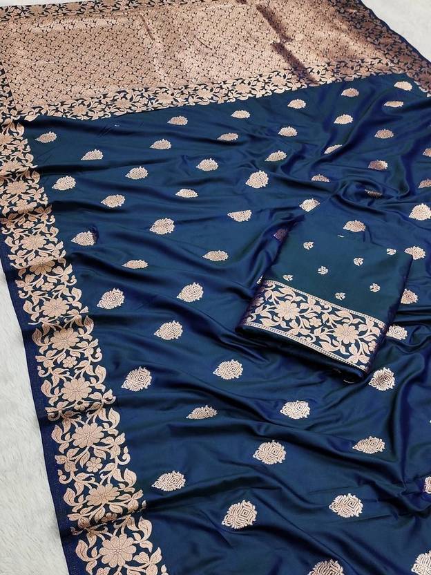 Traditional Navy Blue Silk Saree with Rich Floral Border