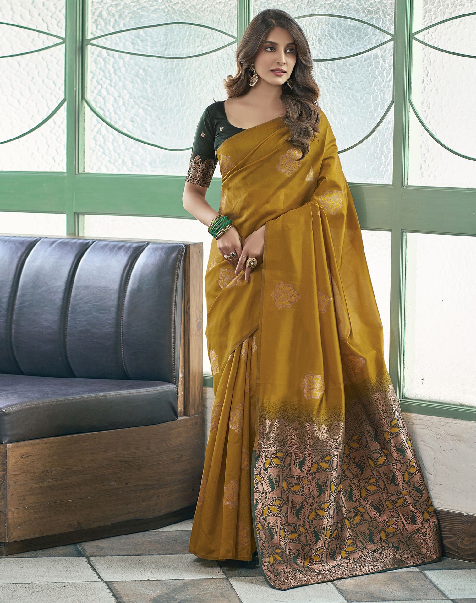 Yellow kanjeevaram silk jacquard saree