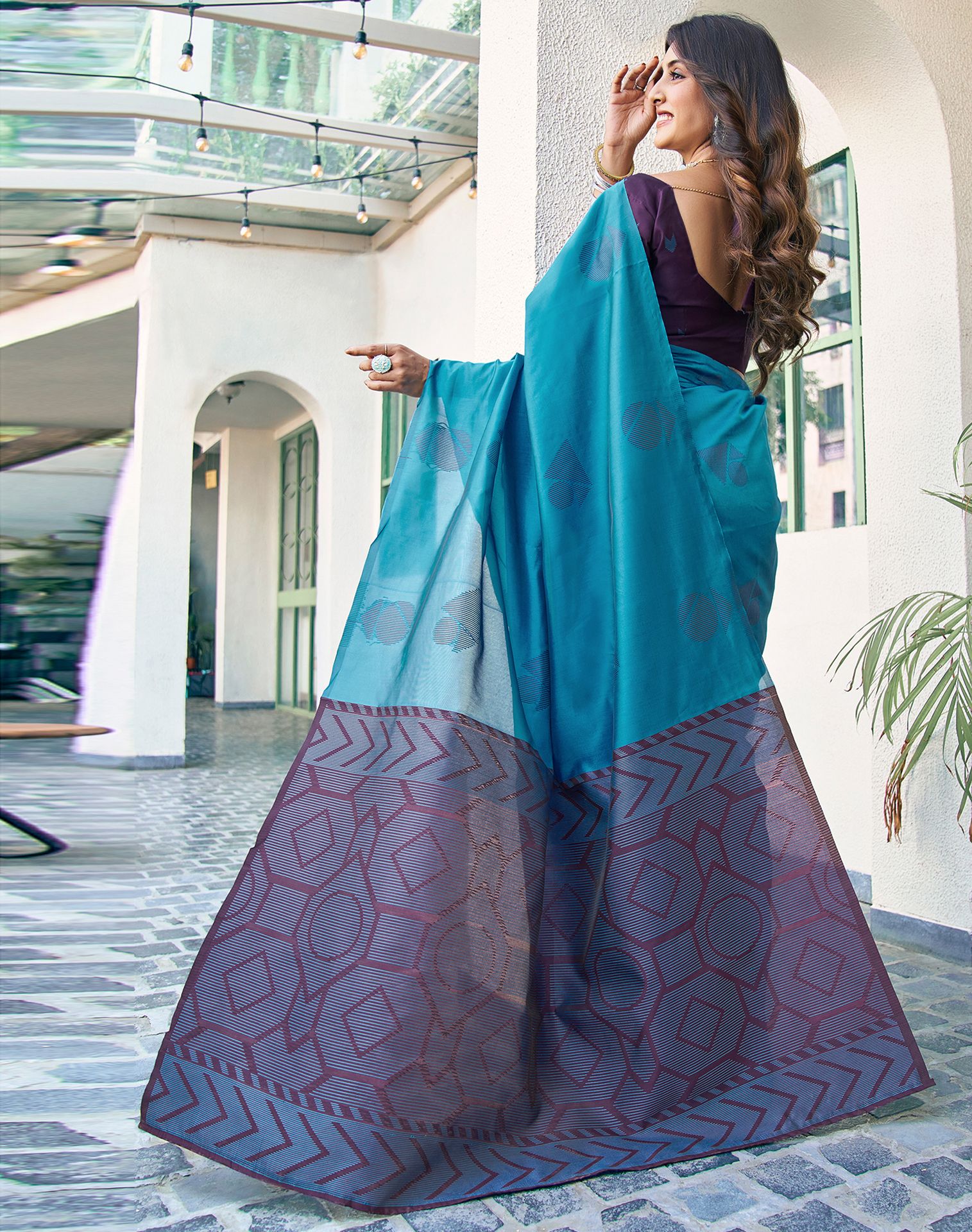 Elegant Teal Jacquard Saree with Stylish Geometric Border